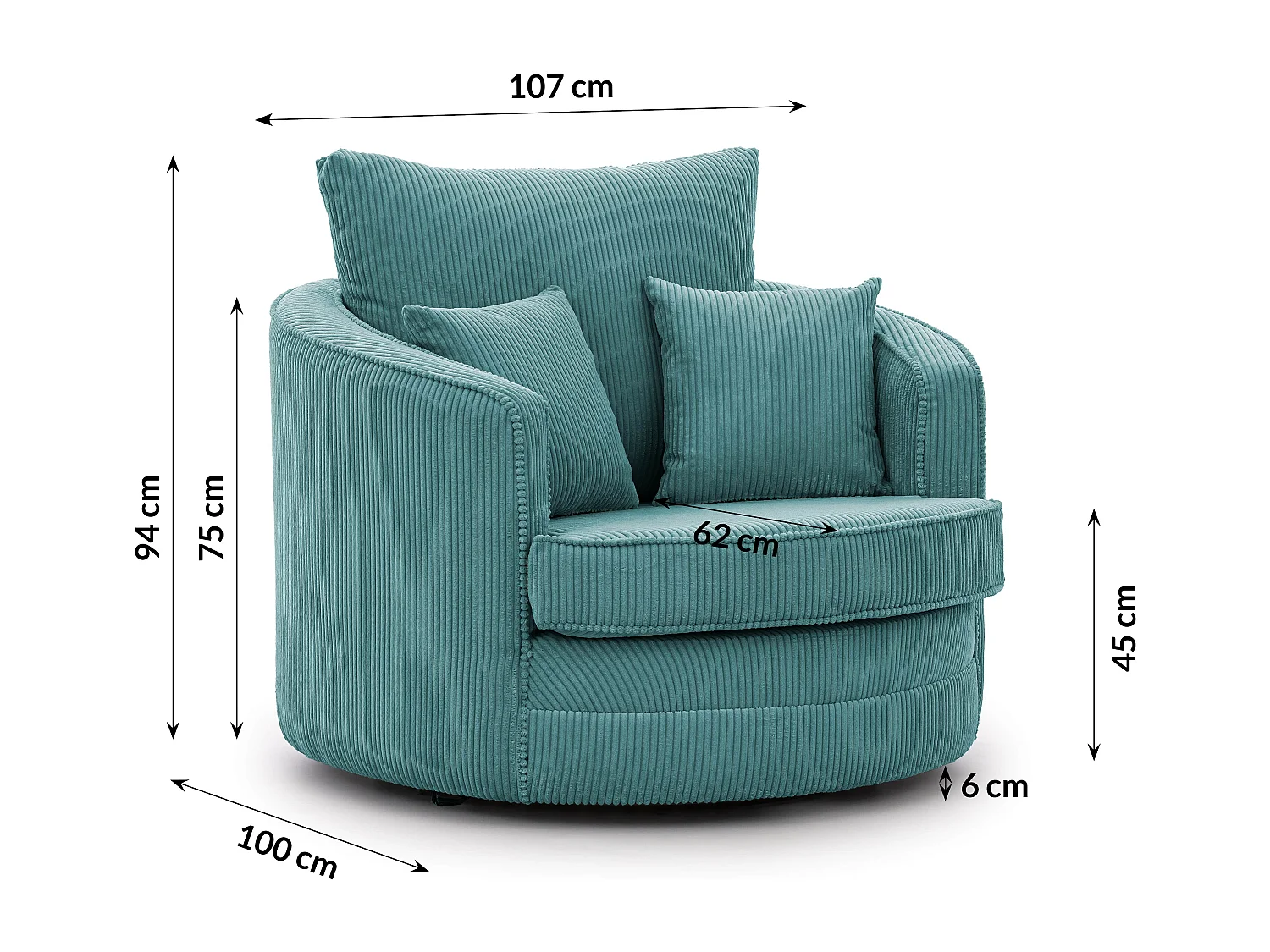 Ted - Drehsessel Love Seat XXL 360 Grad drehbar aus Türkis Cord-Stoff
