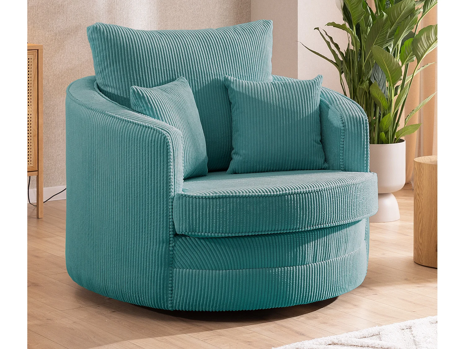 Ted – Fauteuil pivotant Love Seat XXL rotatif à 360° en tissu côtelé turquoise