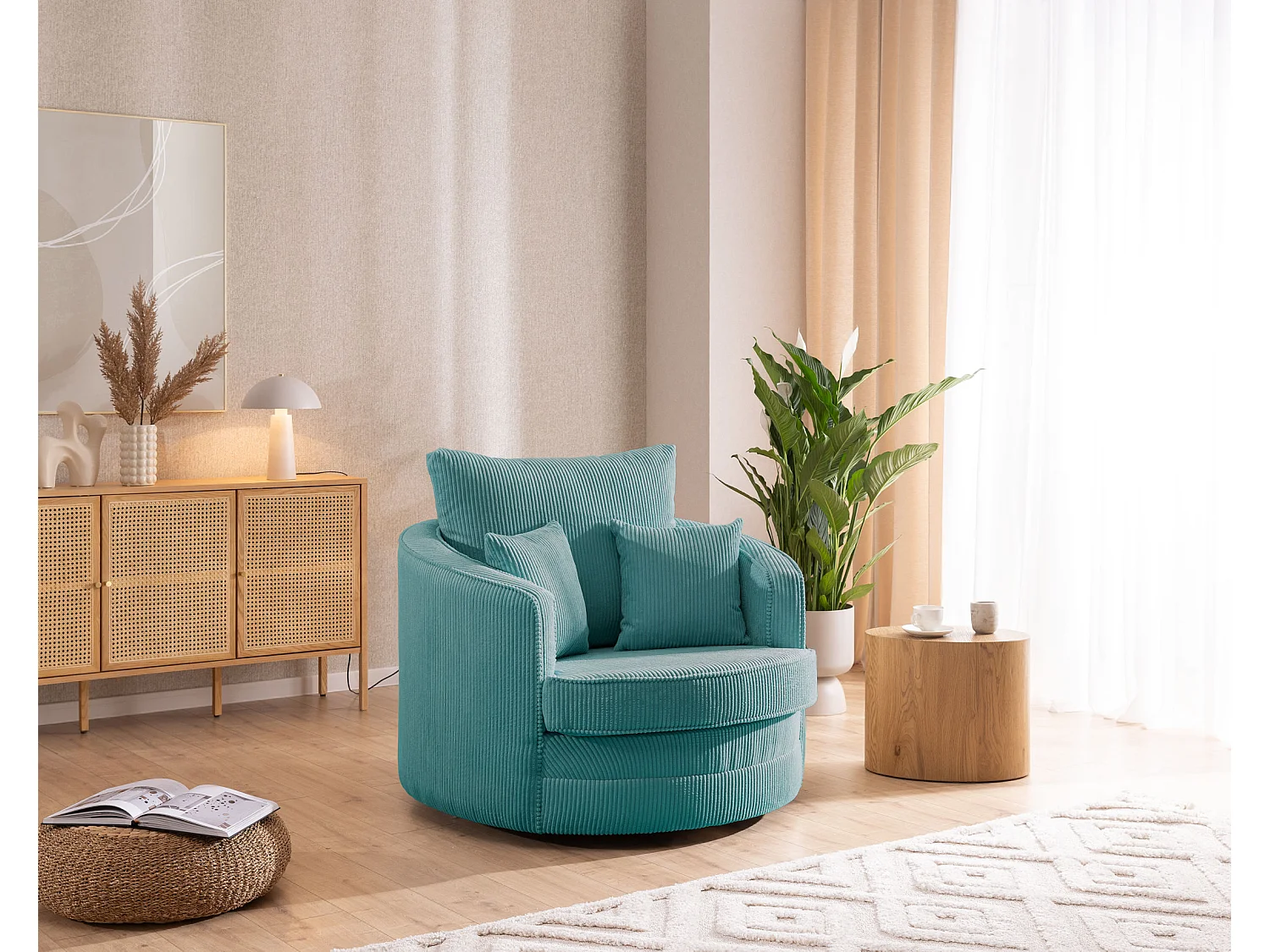 Ted – Fauteuil pivotant Love Seat XXL rotatif à 360° en tissu côtelé turquoise