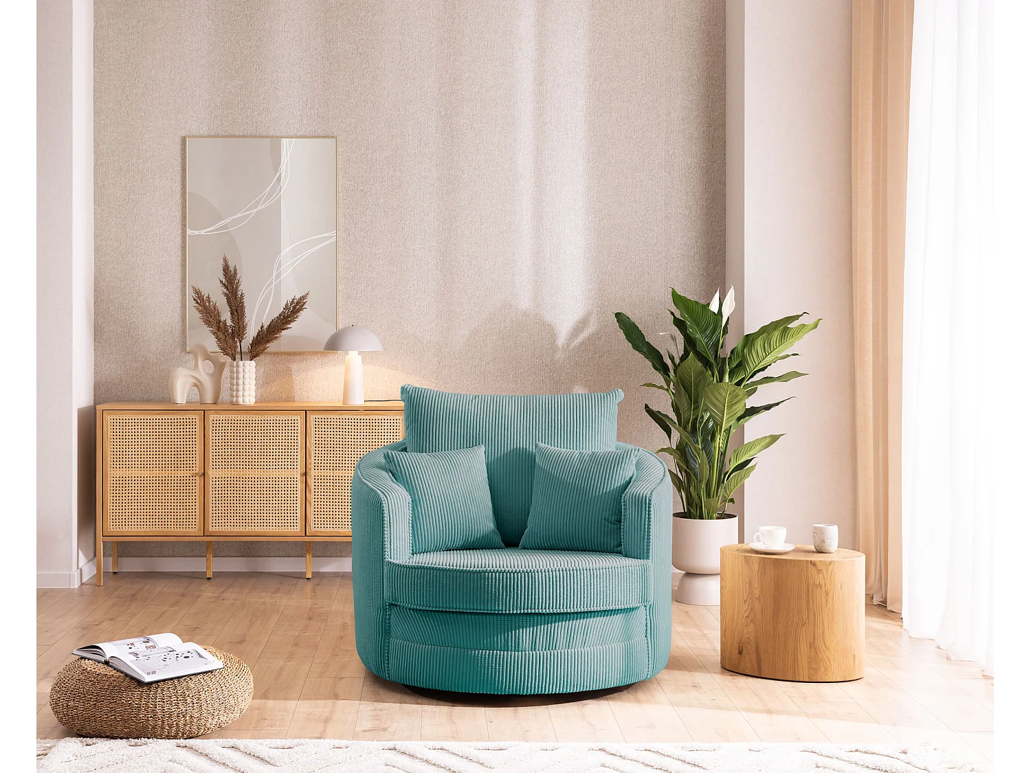 Ted – Fauteuil pivotant Love Seat XXL rotatif à 360° en tissu côtelé turquoise