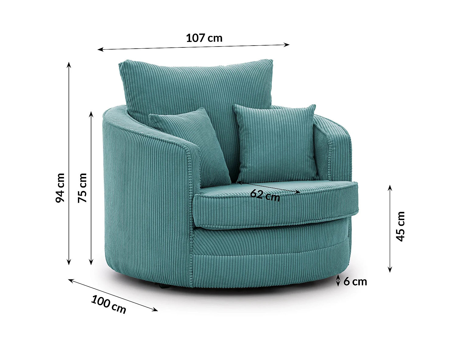 Ted – Fauteuil pivotant Love Seat XXL rotatif à 360° en tissu côtelé turquoise