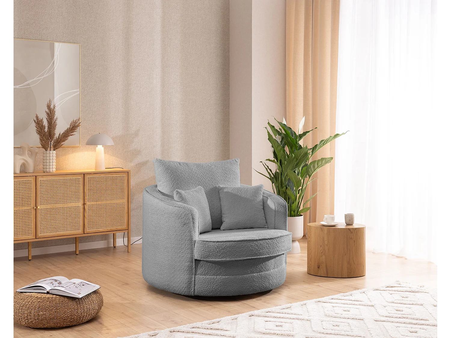 Ted – Fauteuil pivotant Love Seat XXL rotatif à 360 degrés en tissu bouclé gris