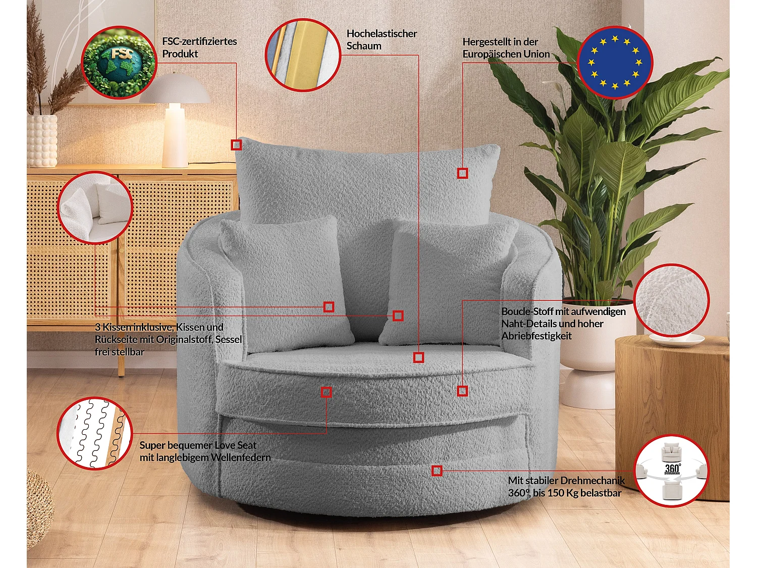 Ted – Fauteuil pivotant Love Seat XXL rotatif à 360 degrés en tissu bouclé gris