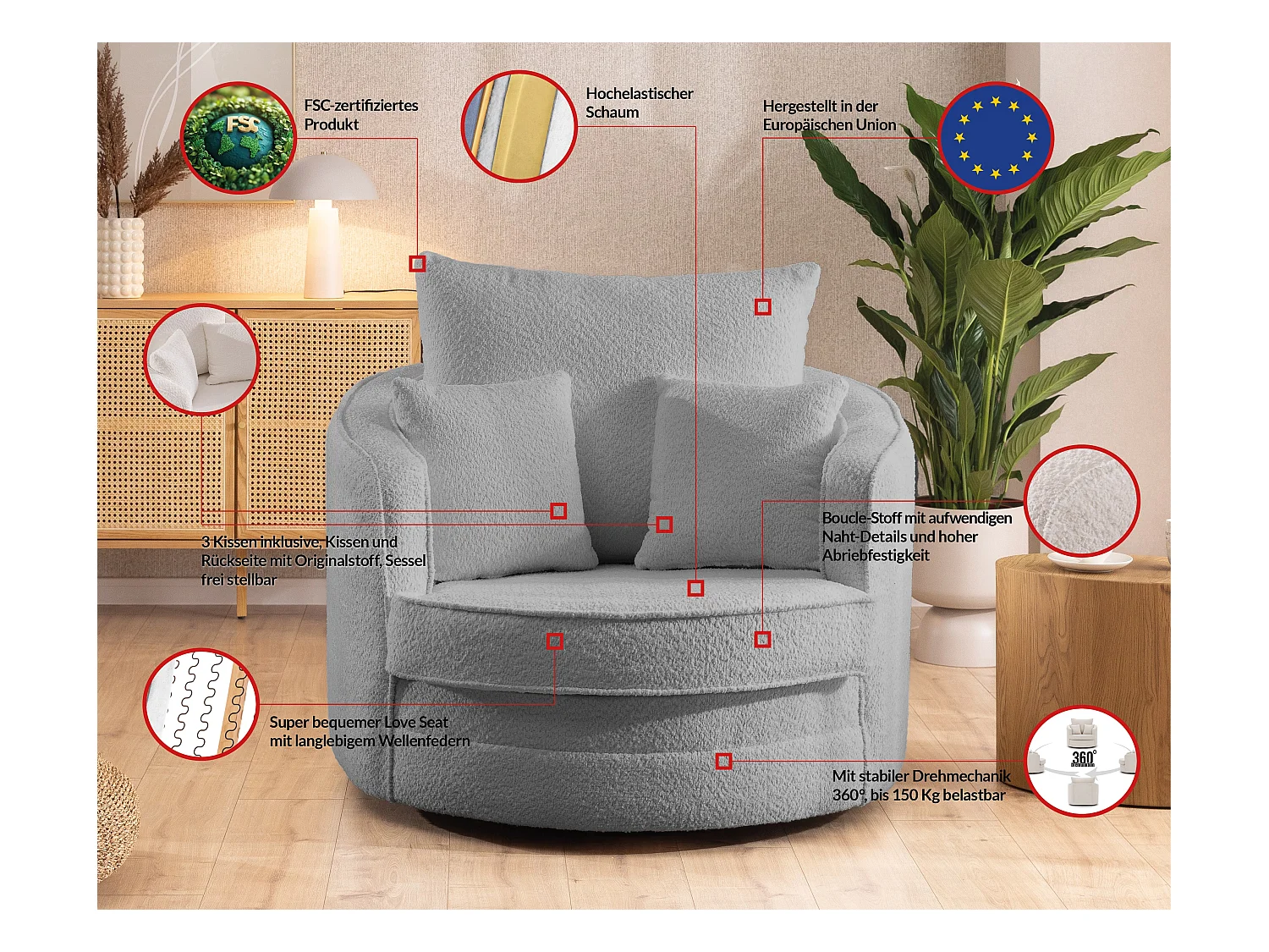 DREHSESSEL Ted aus Grau Boucle-Stoff