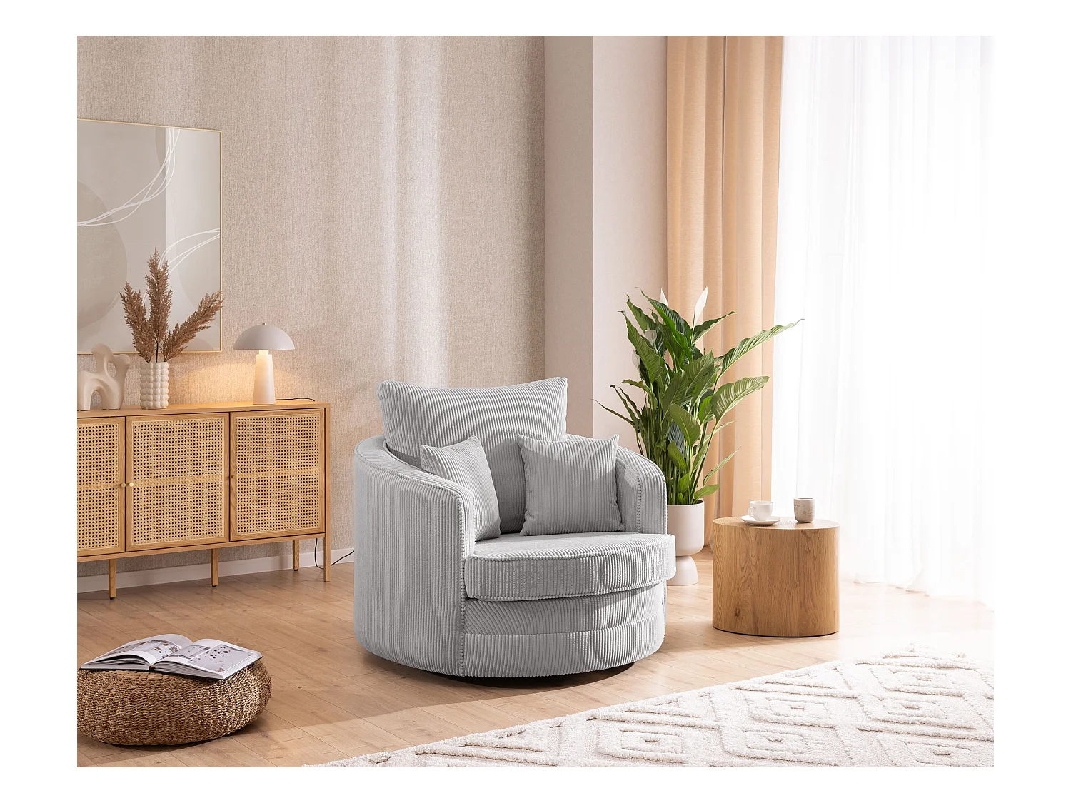 Ted - Drehsessel Love Seat XXL 360 Grad drehbar aus Hellgrau Cord-Stoff