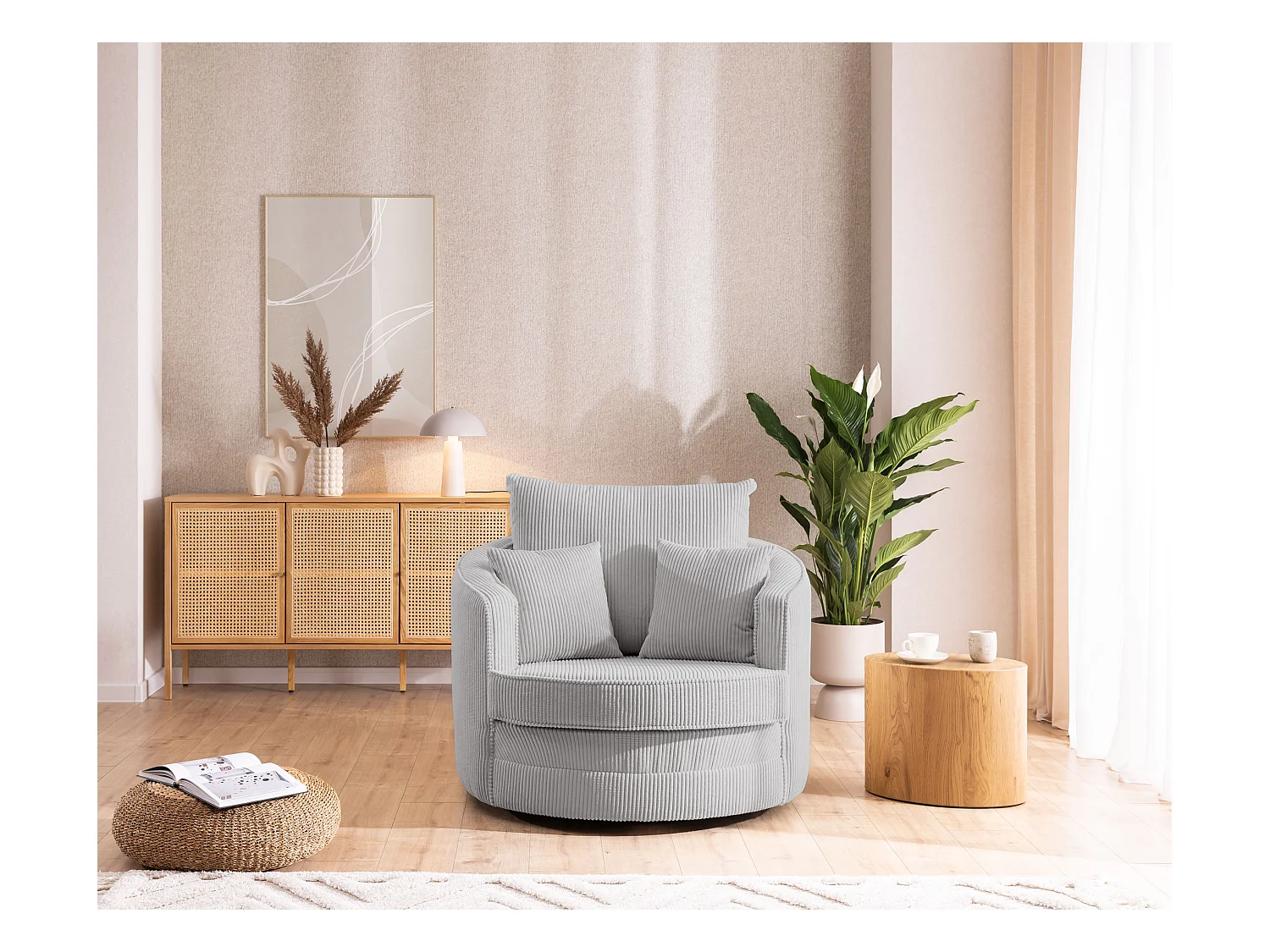 Ted - Drehsessel Love Seat XXL 360 Grad drehbar aus Hellgrau Cord-Stoff