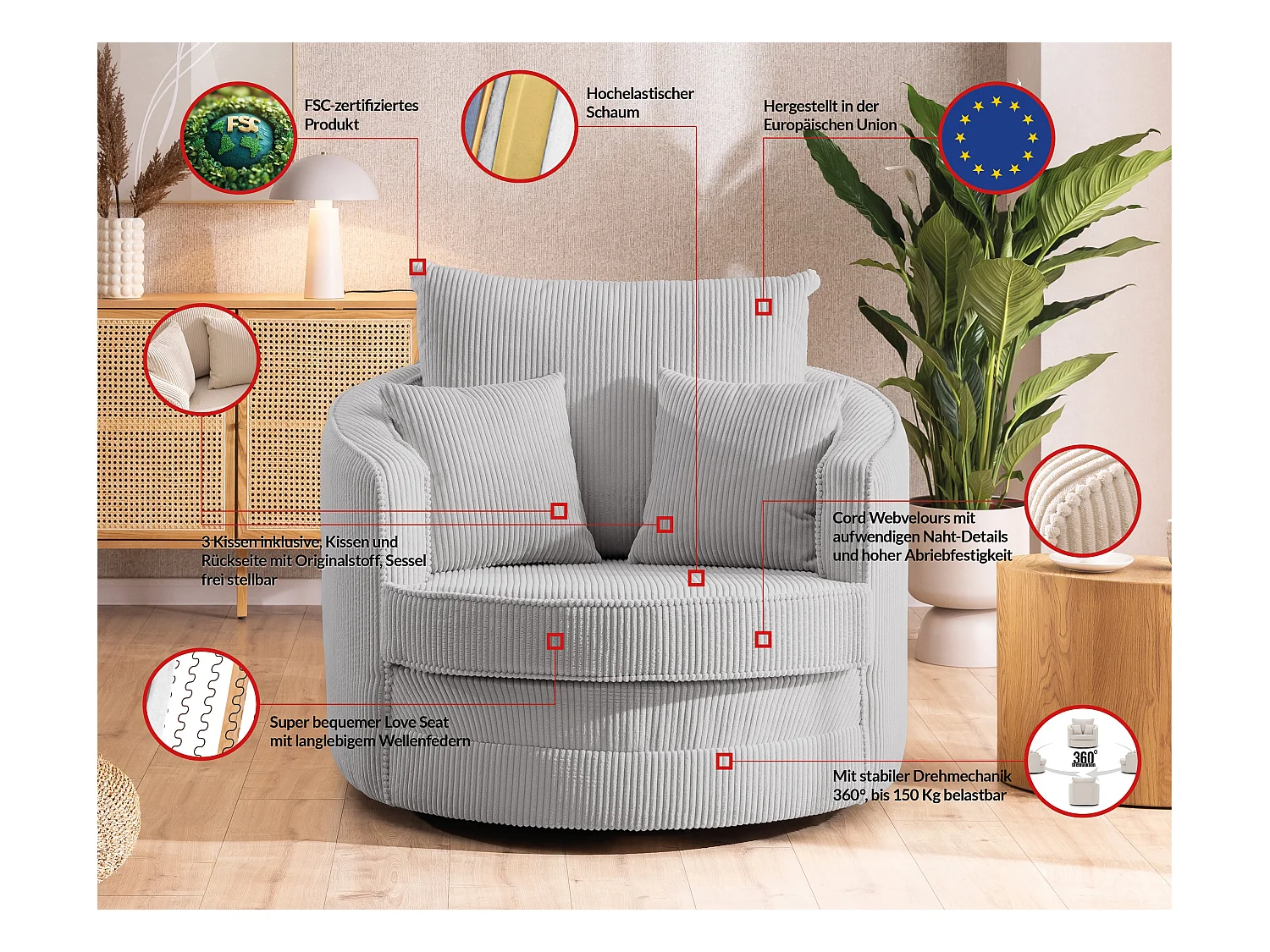 Ted - Drehsessel Love Seat XXL 360 Grad drehbar aus Hellgrau Cord-Stoff