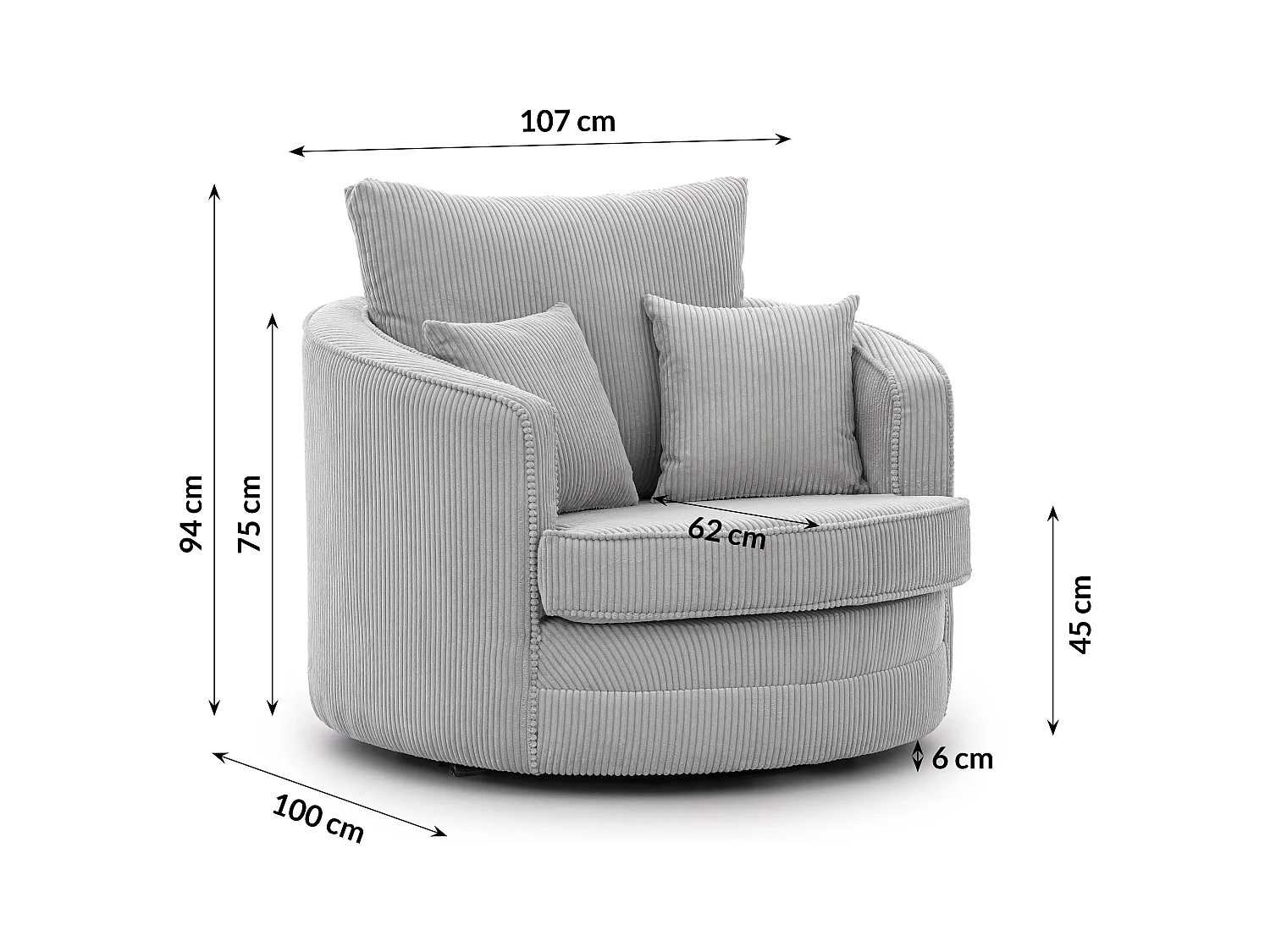Ted - Drehsessel Love Seat XXL 360 Grad drehbar aus Hellgrau Cord-Stoff