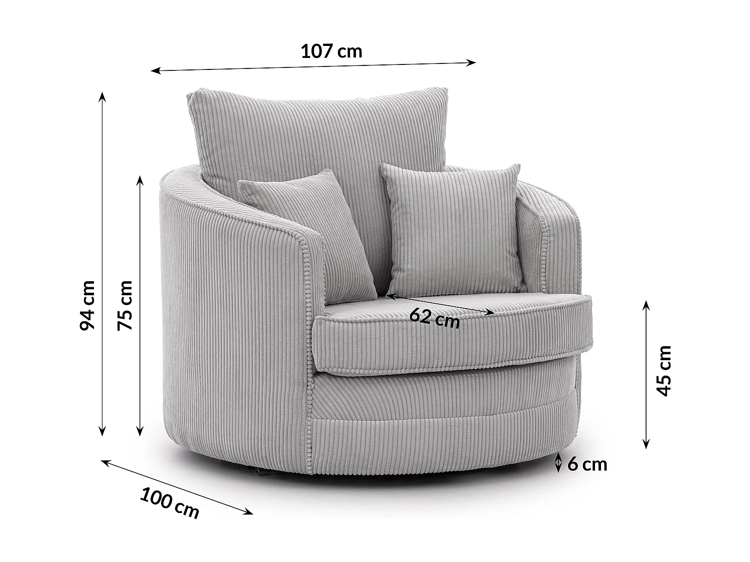 Ted - Drehsessel Love Seat XXL 360 Grad drehbar aus Hellgrau Cord-Stoff