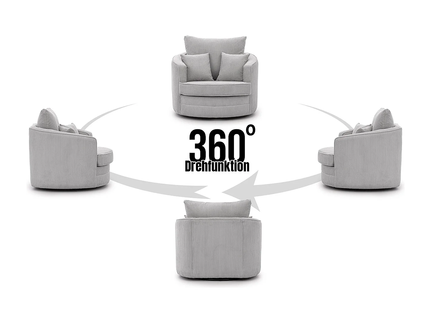 Ted - Drehsessel Love Seat XXL 360 Grad drehbar aus Hellgrau Cord-Stoff