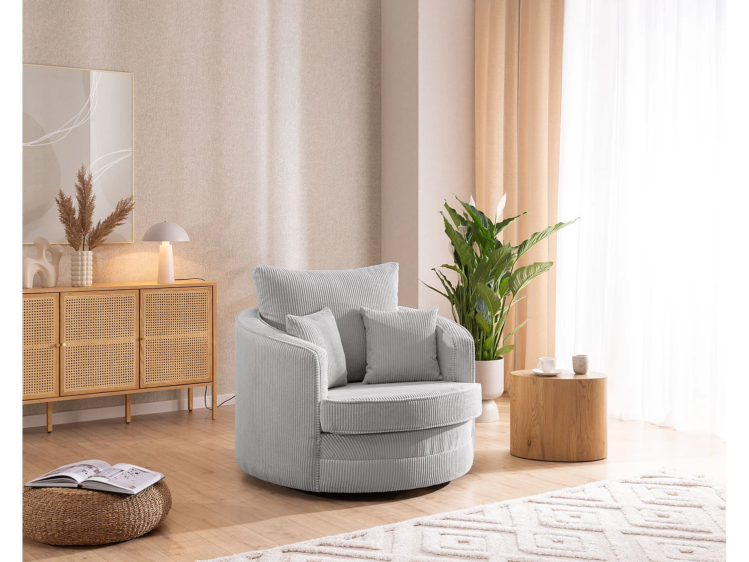 Ted – Fauteuil pivotant Love Seat XXL rotatif à 360° en tissu côtelé gris clair