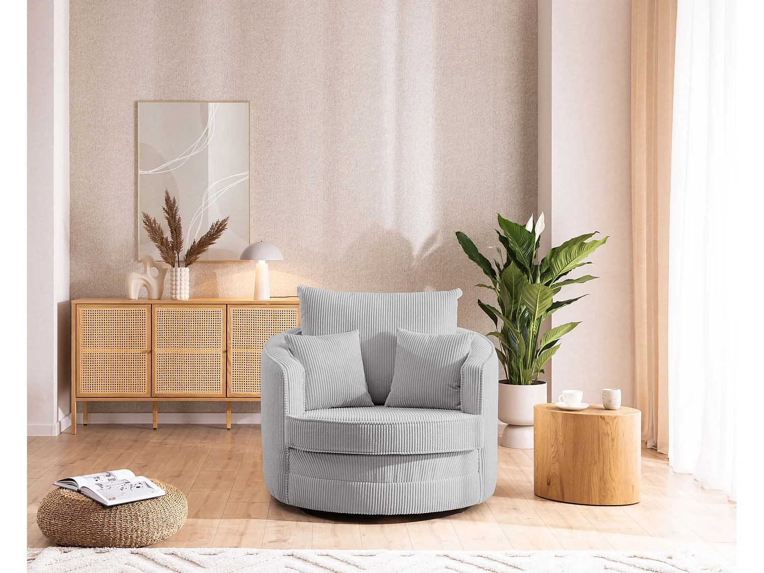 Ted – Fauteuil pivotant Love Seat XXL rotatif à 360° en tissu côtelé gris clair