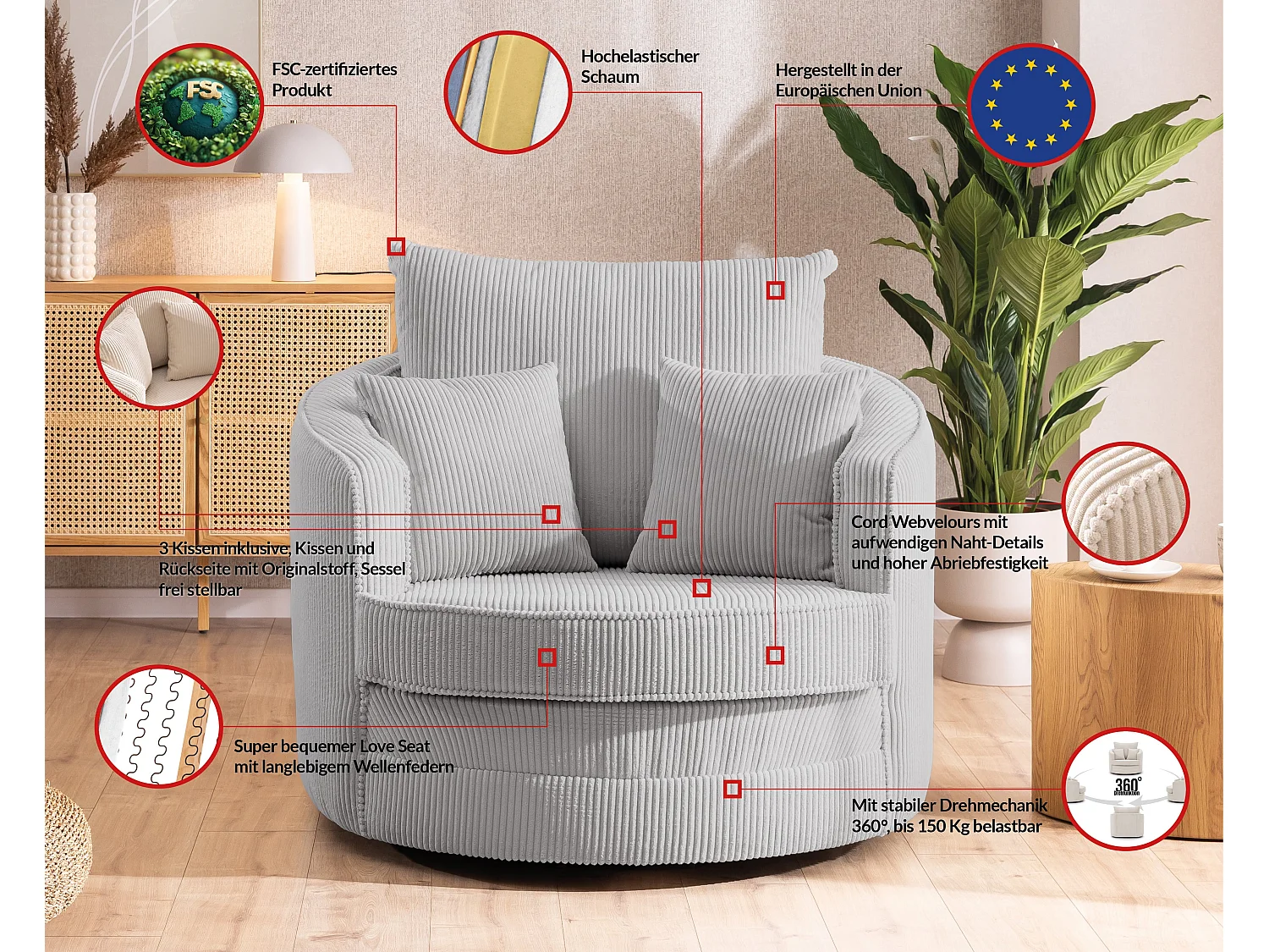 Ted – Fauteuil pivotant Love Seat XXL rotatif à 360° en tissu côtelé gris clair