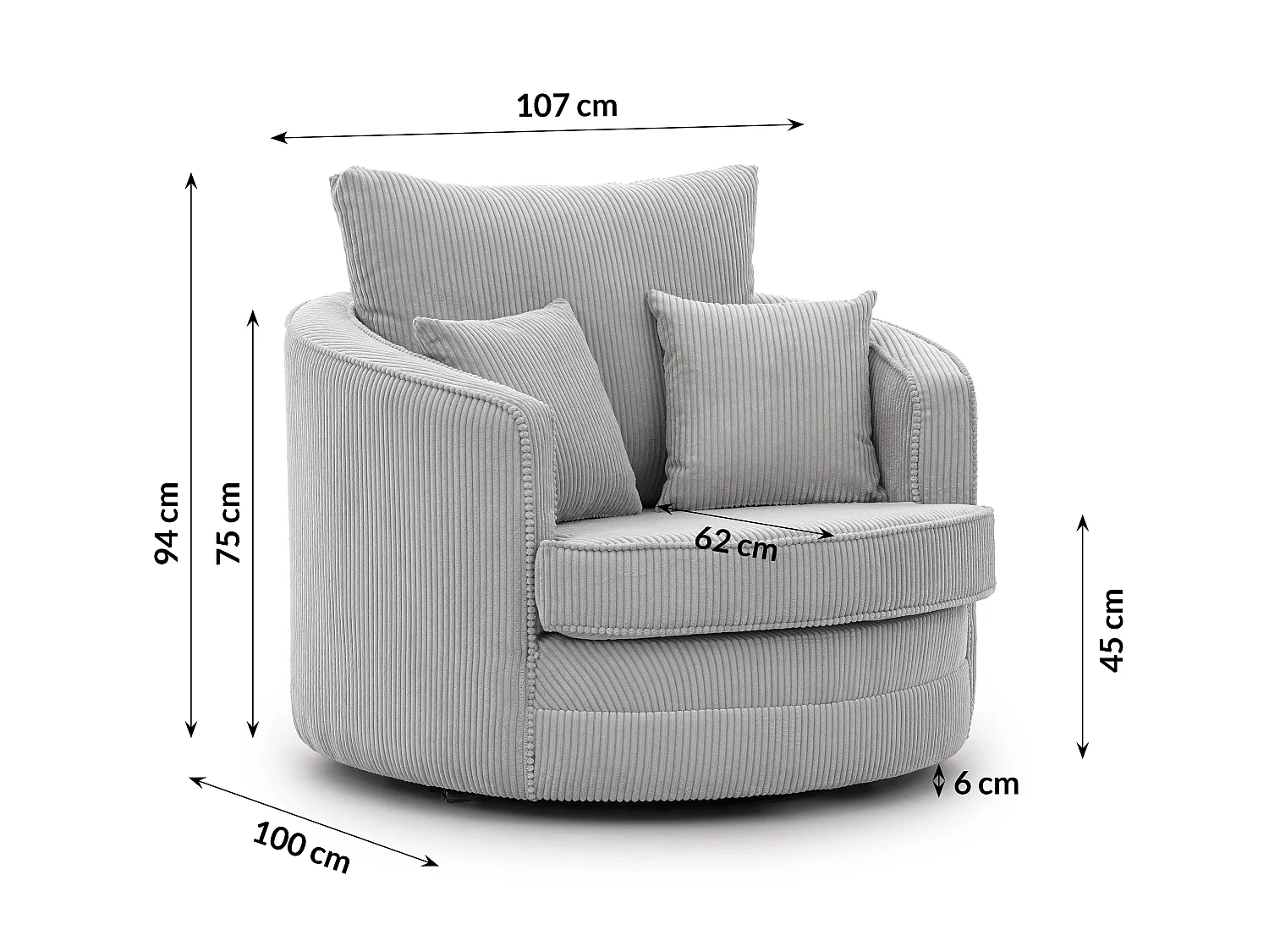 Ted – Fauteuil pivotant Love Seat XXL rotatif à 360° en tissu côtelé gris clair