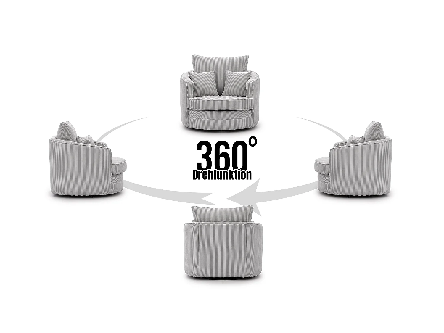 Ted – Fauteuil pivotant Love Seat XXL rotatif à 360° en tissu côtelé gris clair