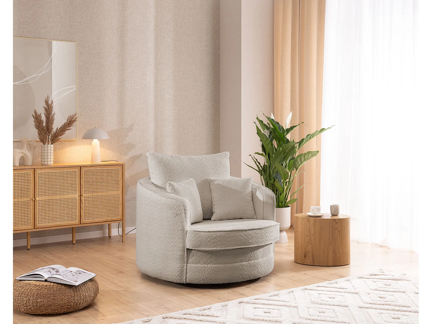 Ted – Fauteuil pivotant Love Seat XXL rotatif à 360 degrés en tissu bouclé beige