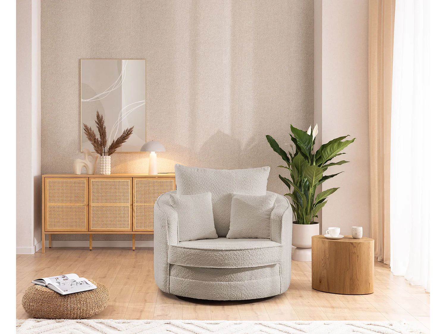 Ted – Fauteuil pivotant Love Seat XXL rotatif à 360 degrés en tissu bouclé beige