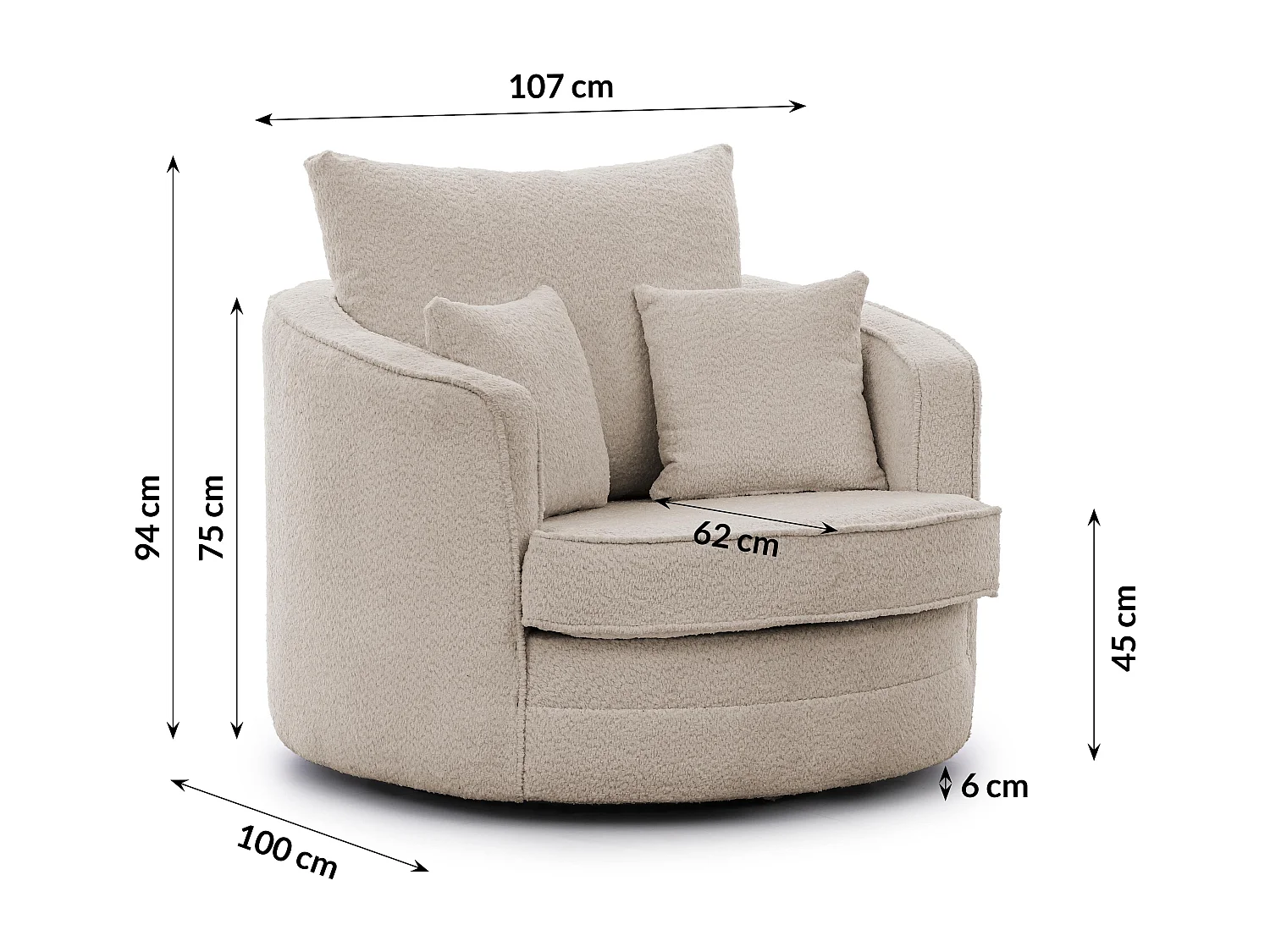 Ted – Fauteuil pivotant Love Seat XXL rotatif à 360 degrés en tissu bouclé beige