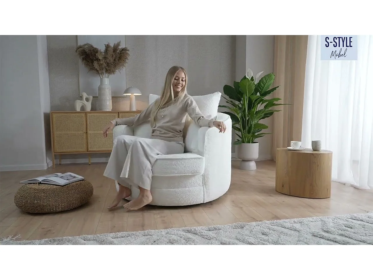 Ted – Fauteuil pivotant Love Seat XXL rotatif à 360 degrés en tissu bouclé beige