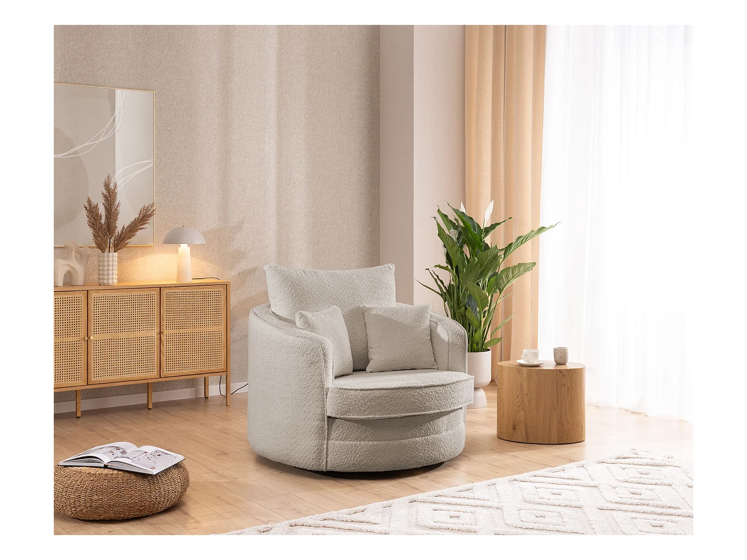 DREHSESSEL Ted aus Beige Boucle-Stoff