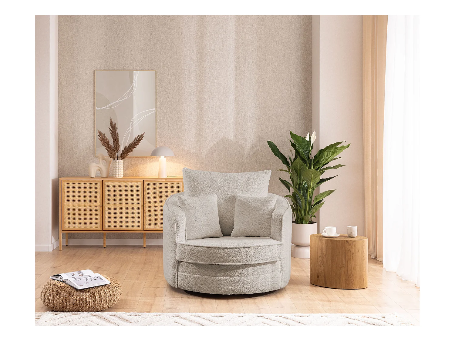 DREHSESSEL Ted aus Beige Boucle-Stoff