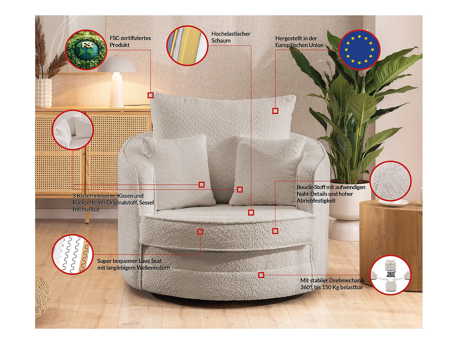 DREHSESSEL Ted aus Beige Boucle-Stoff