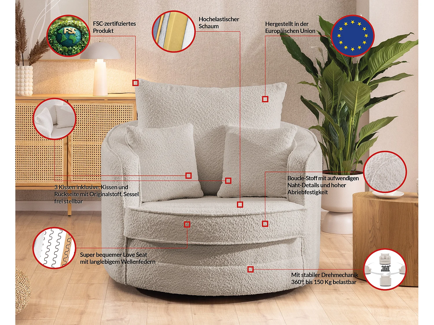 DREHSESSEL Ted aus Beige Boucle-Stoff