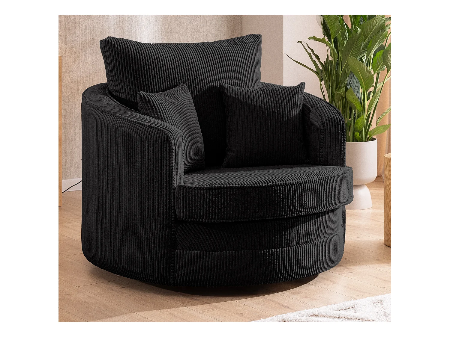 Ted – Fauteuil pivotant Love Seat XXL rotatif à 360° en tissu côtelé noir