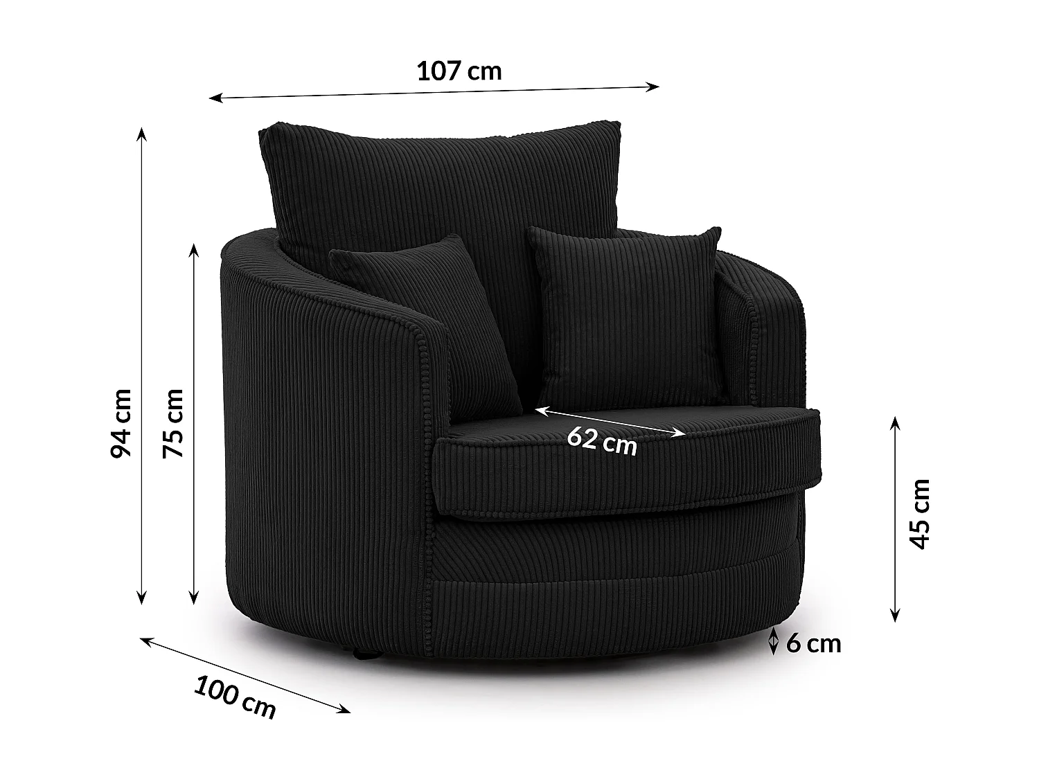 Ted - Drehsessel Love Seat XXL 360 Grad drehbar aus Schwarz Cord-Stoff