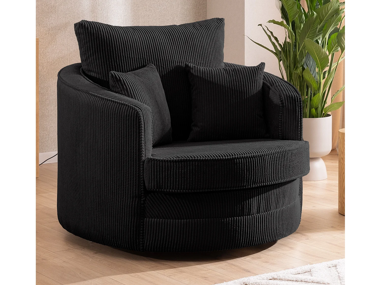Ted – Fauteuil pivotant Love Seat XXL rotatif à 360° en tissu côtelé noir