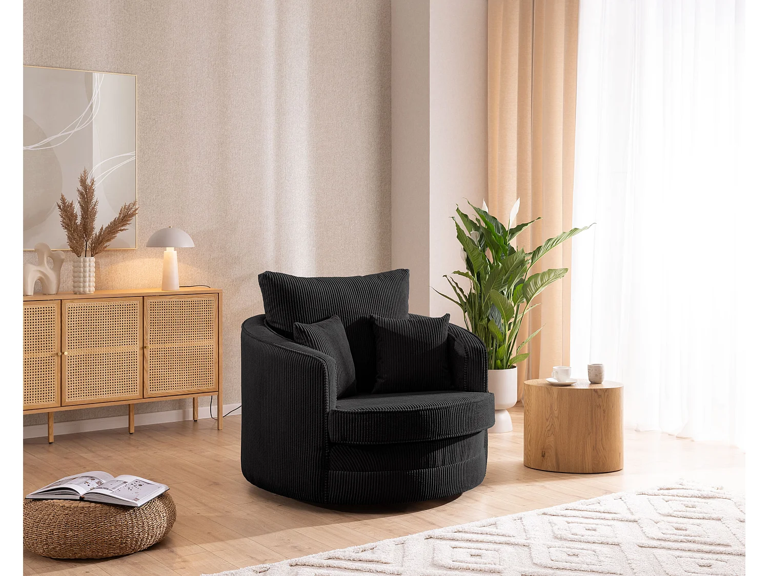 Ted – Fauteuil pivotant Love Seat XXL rotatif à 360° en tissu côtelé noir