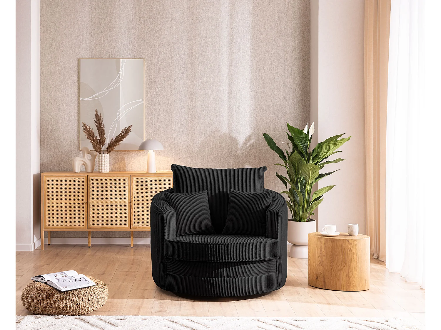 Ted – Fauteuil pivotant Love Seat XXL rotatif à 360° en tissu côtelé noir