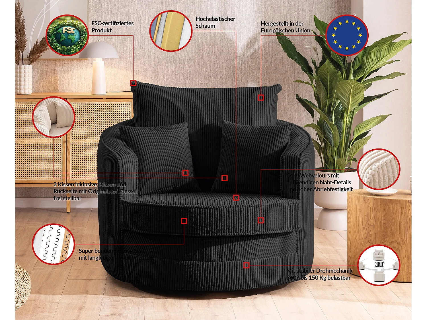 Ted – Fauteuil pivotant Love Seat XXL rotatif à 360° en tissu côtelé noir
