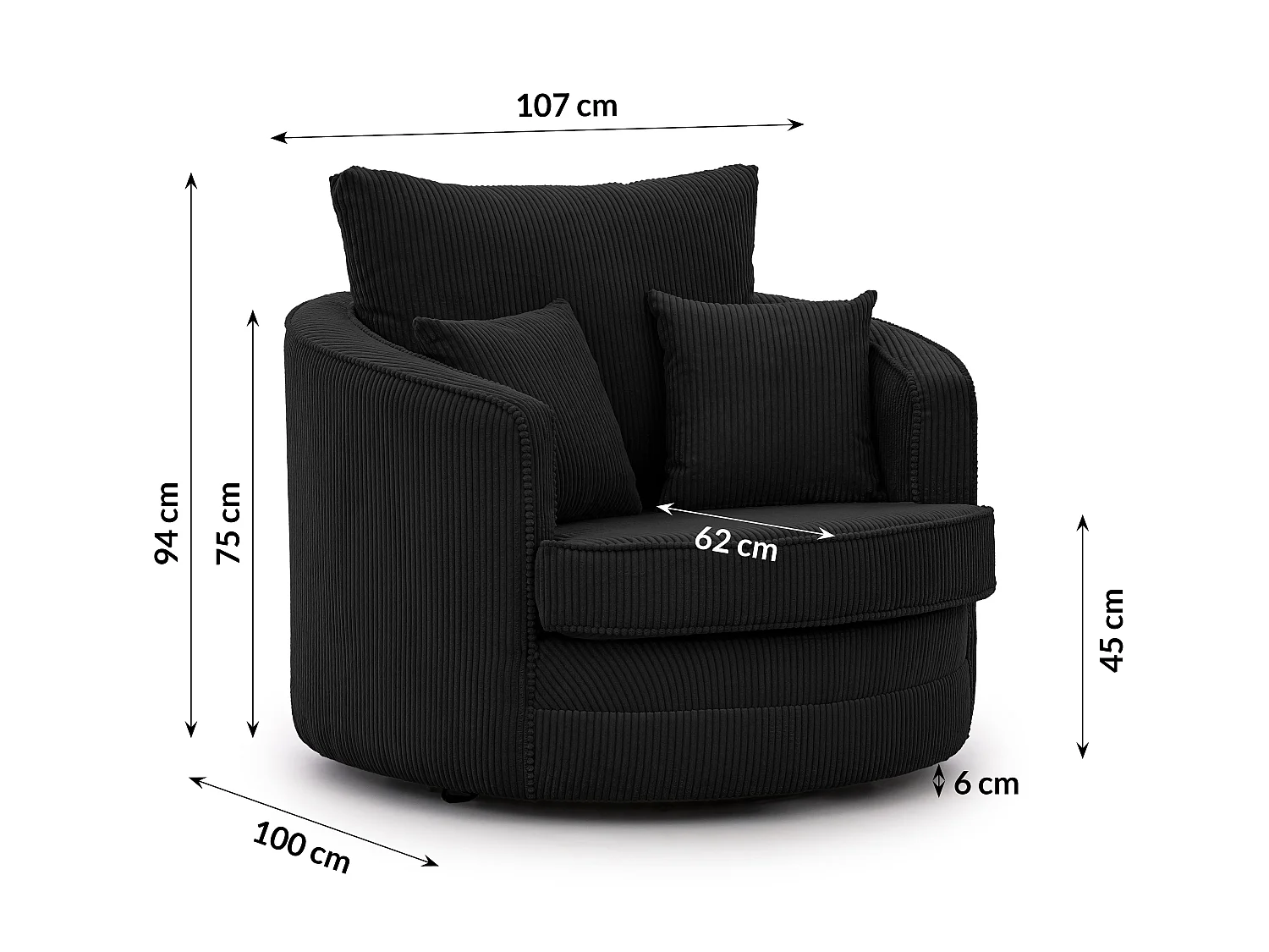 Ted – Fauteuil pivotant Love Seat XXL rotatif à 360° en tissu côtelé noir