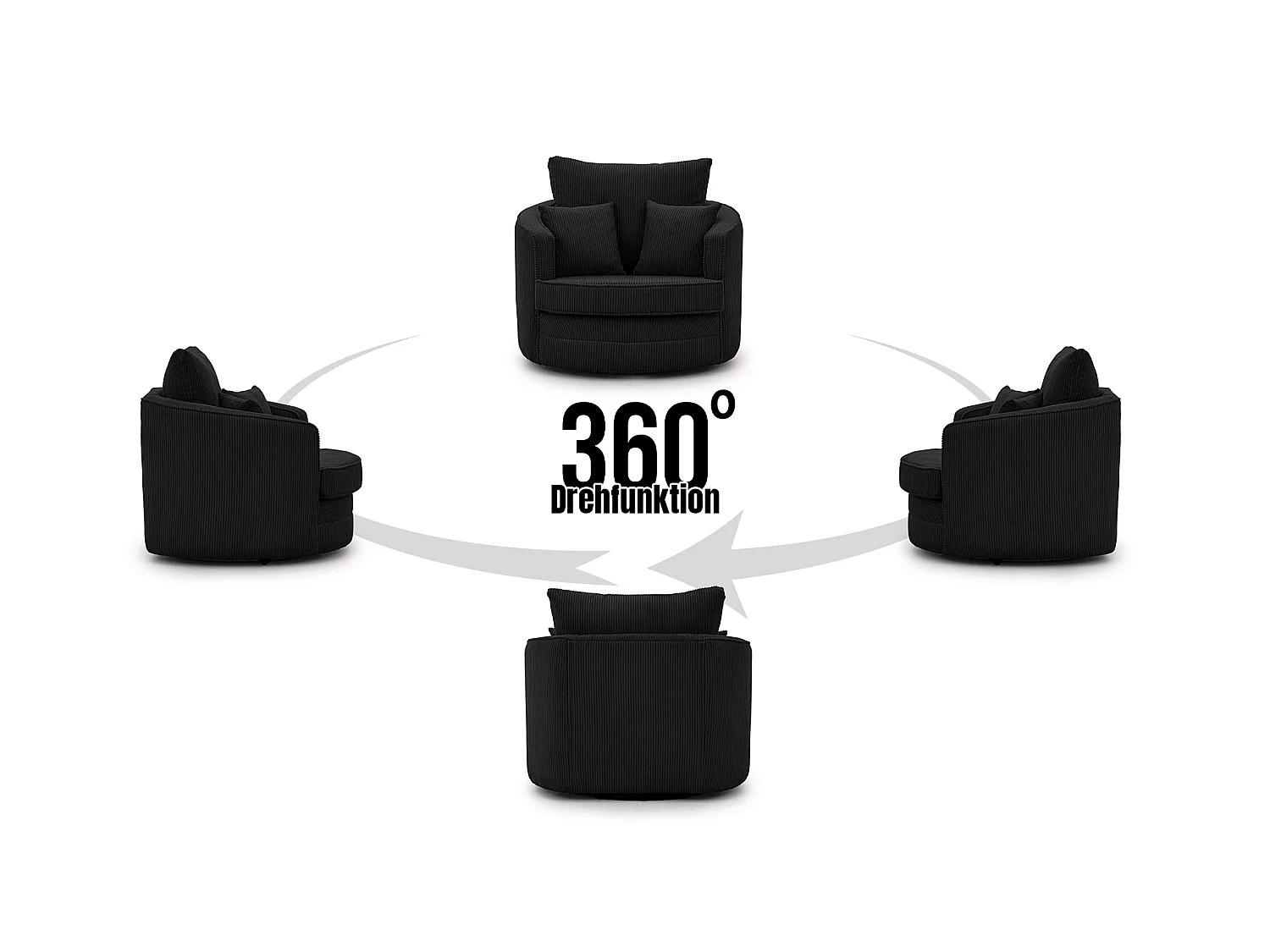 Ted – Fauteuil pivotant Love Seat XXL rotatif à 360° en tissu côtelé noir