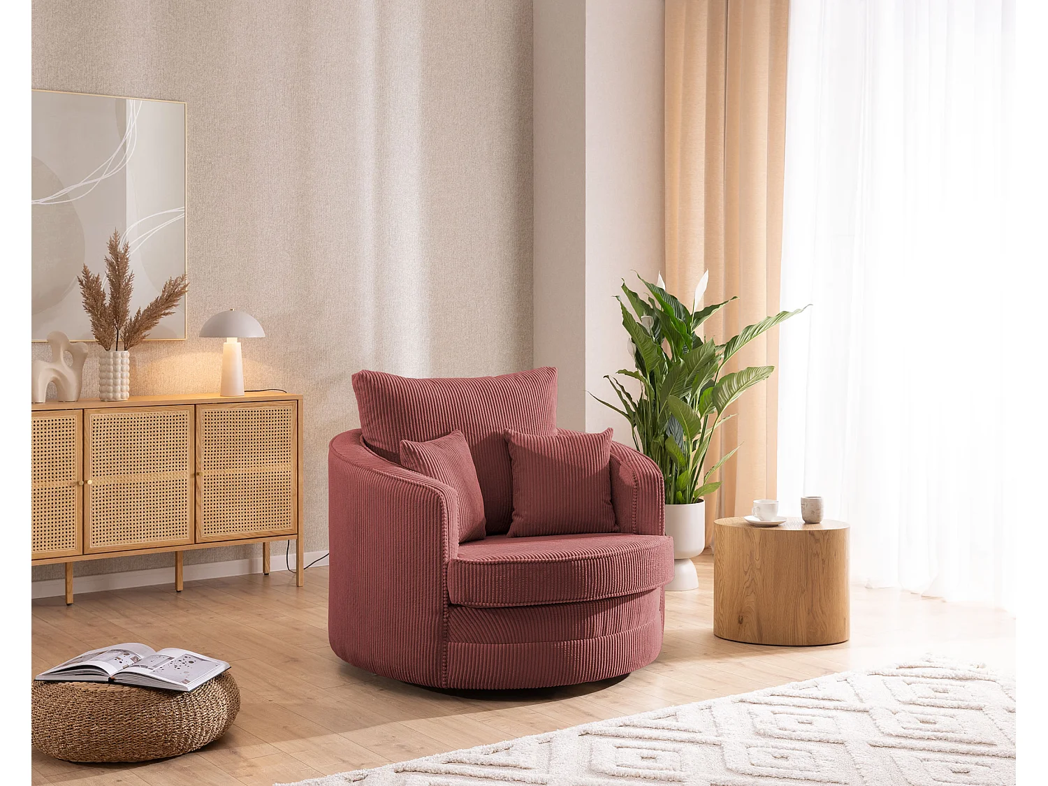 Ted – Fauteuil pivotant Love Seat XXL rotatif à 360 degrés en tissu côtelé terracotta