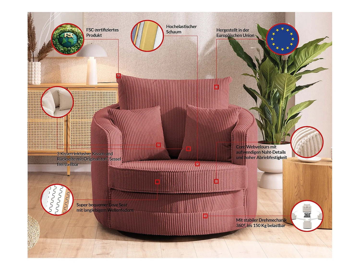 Ted - Drehsessel Love Seat XXL 360 Grad drehbar aus Terrakotta Cord-Stoff