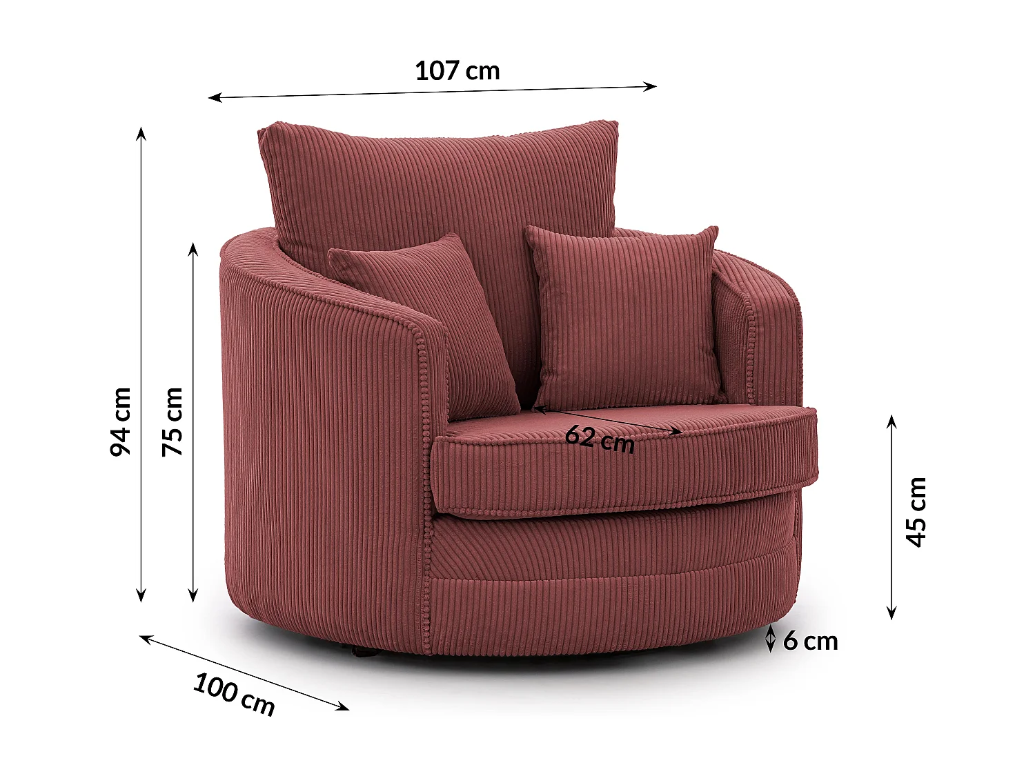 Ted - Drehsessel Love Seat XXL 360 Grad drehbar aus Terrakotta Cord-Stoff
