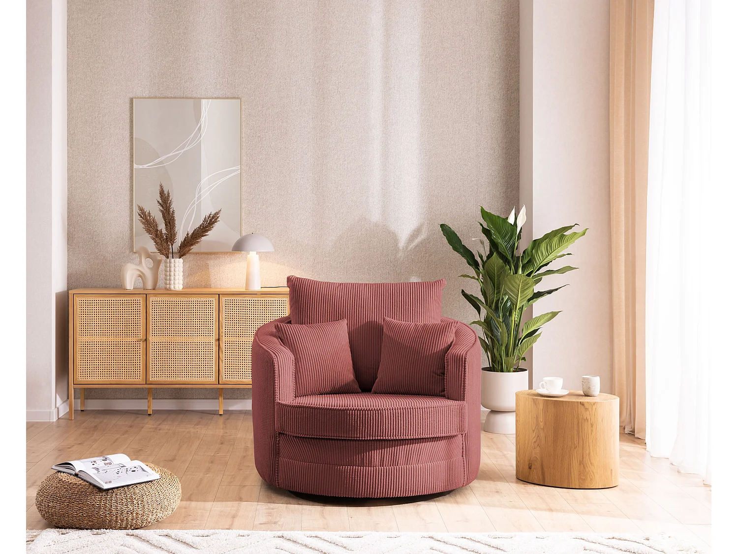 Ted – Fauteuil pivotant Love Seat XXL rotatif à 360 degrés en tissu côtelé terracotta