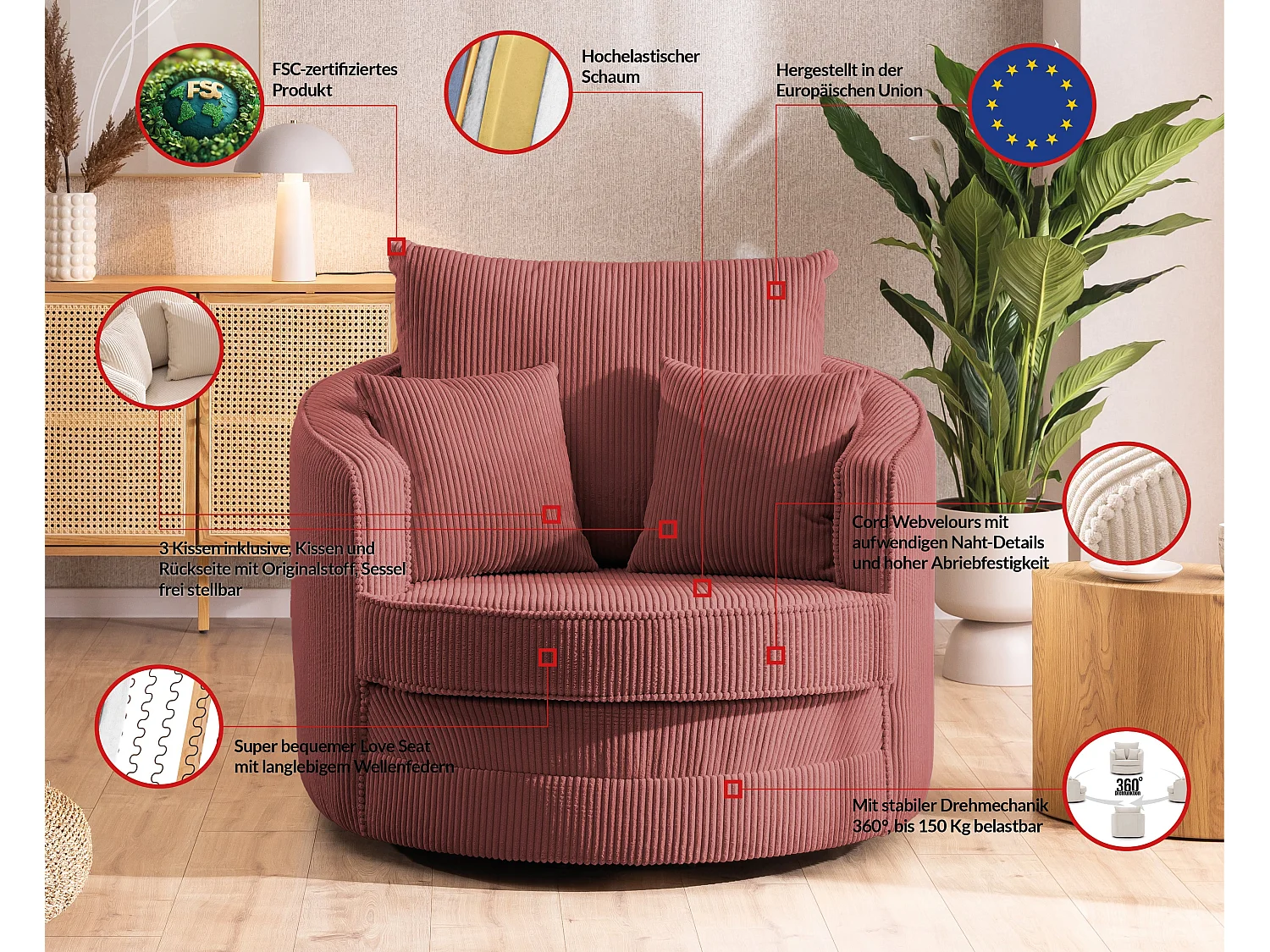 Ted – Fauteuil pivotant Love Seat XXL rotatif à 360 degrés en tissu côtelé terracotta
