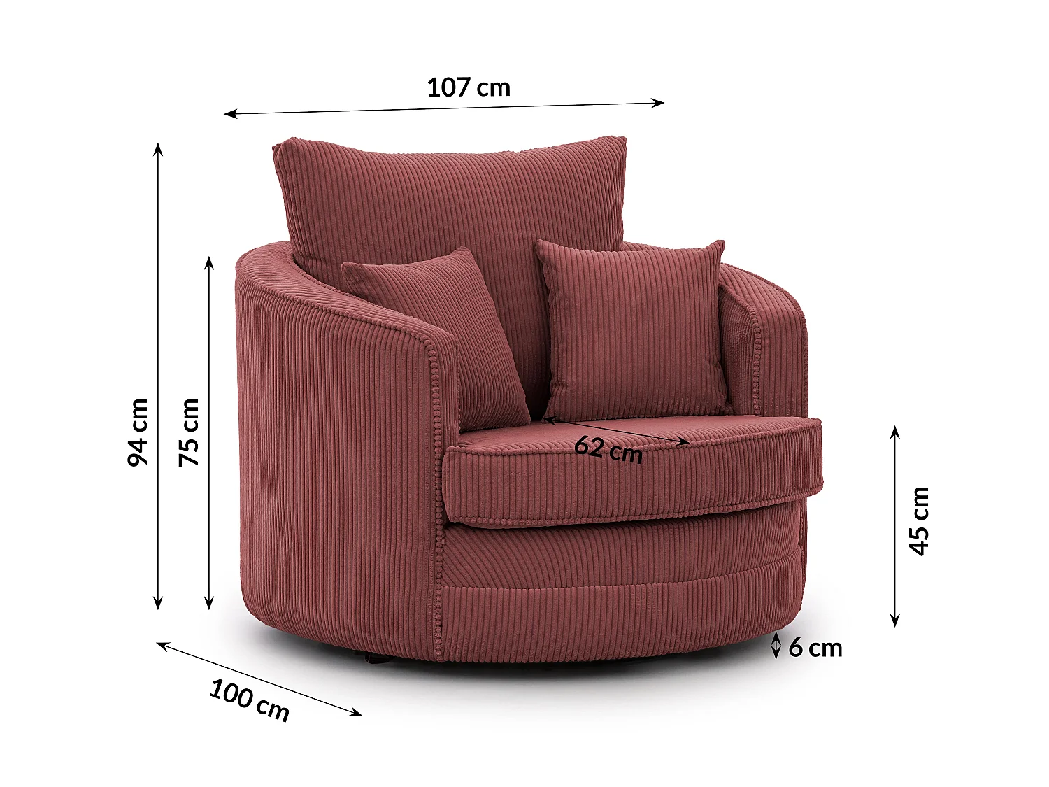 Ted – Fauteuil pivotant Love Seat XXL rotatif à 360 degrés en tissu côtelé terracotta