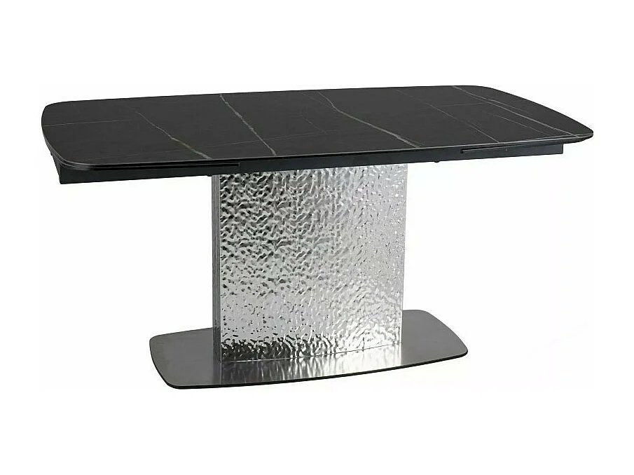 Table design extensible aspect marbre noir avec pied central en acier inoxydable Eglantine