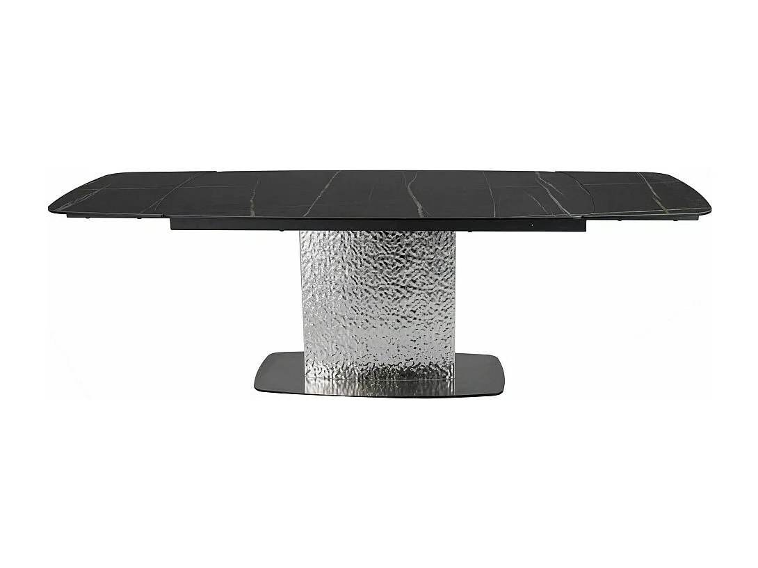 Table design extensible aspect marbre noir avec pied central en acier inoxydable Eglantine