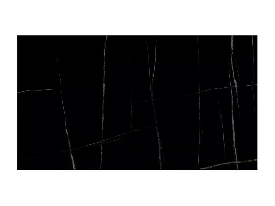 Table design extensible aspect marbre noir avec pied central en acier inoxydable Eglantine