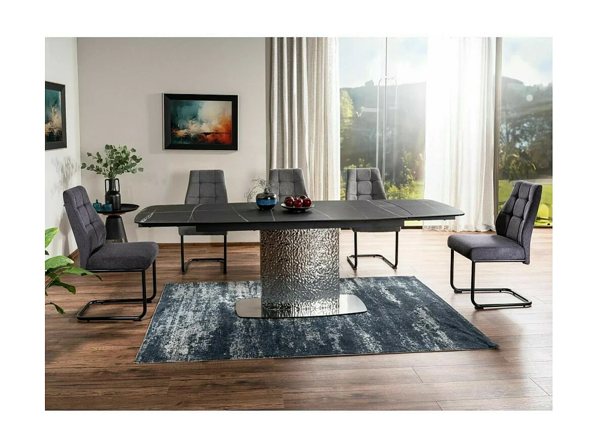 Mesa extensible de diseño con aspecto de mármol negro y pata central de acero inoxidable Eglantine