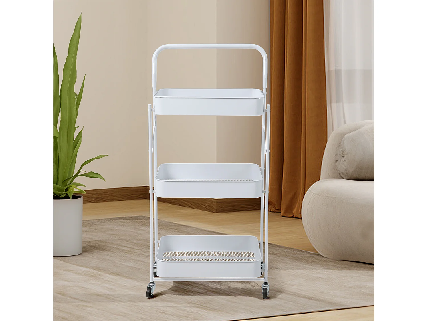 SVITA Chariot de service à roulettes pliable 3 niveaux avec poignée blanc