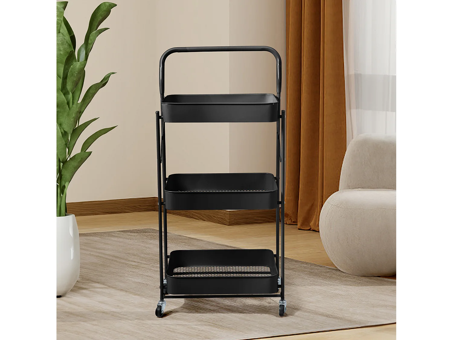 SVITA Chariot de service à roulettes pliable 3 niveaux avec poignée noir