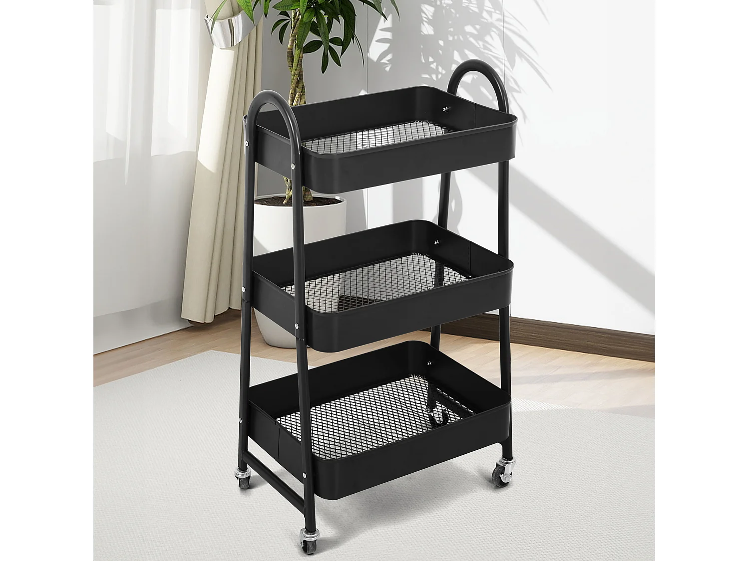 SVITA Chariot de service à roulettes Chariot à thé 3 étages avec poignée noir