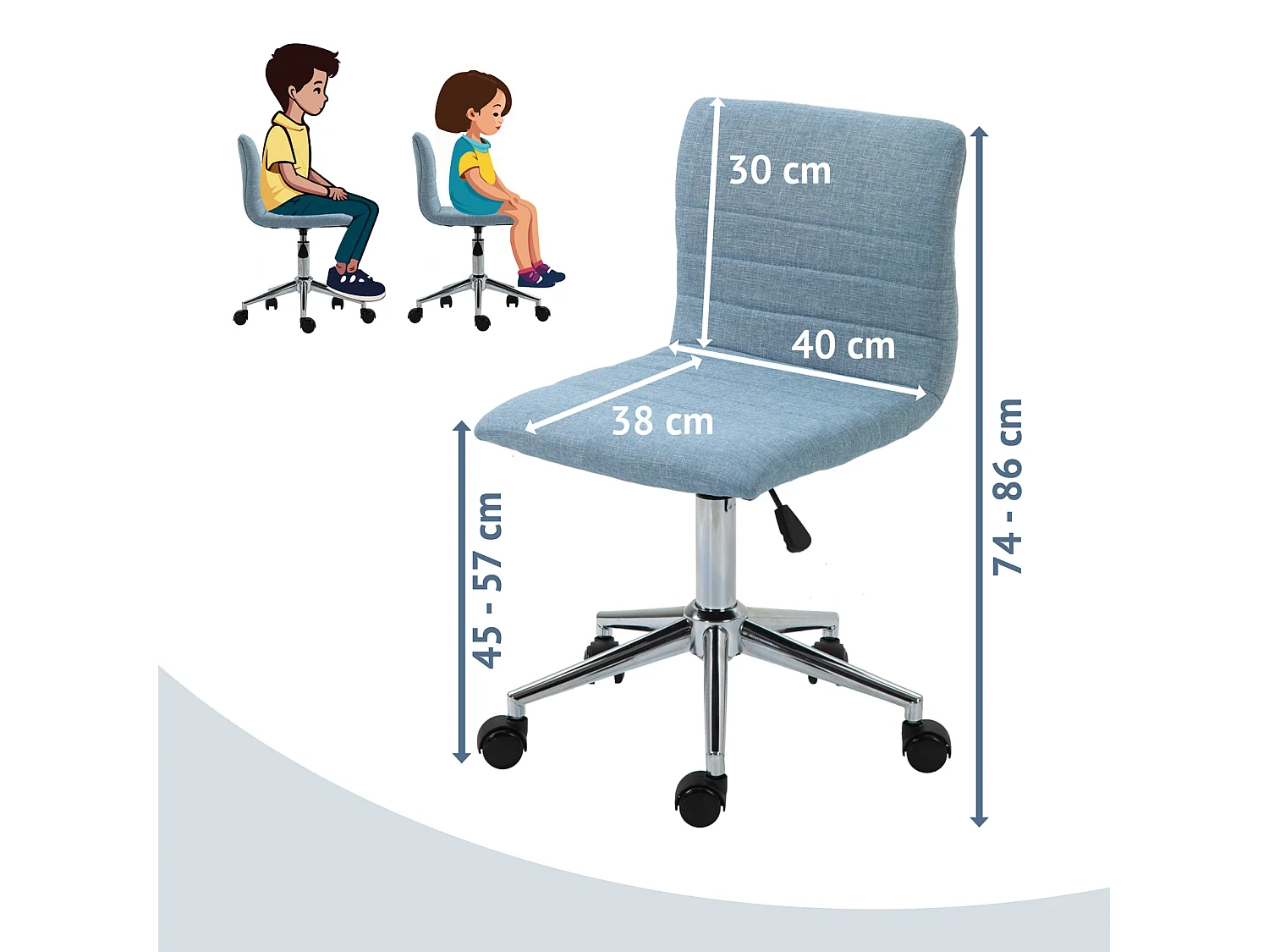 SVITA LINUS chaise de bureau chaise pivotante pour enfant chaise de bureau chambre d'enfant revêtement en tissu bleu