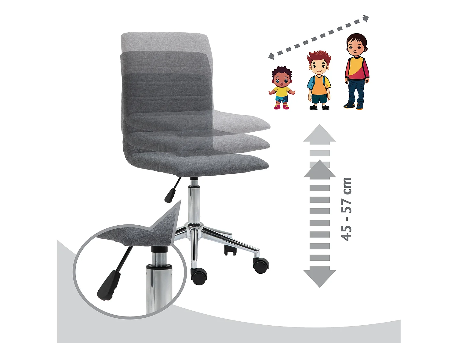 SVITA LINUS chaise de bureau chaise pivotante pour enfant chaise de bureau chambre d'enfant revêtement en tissu gris